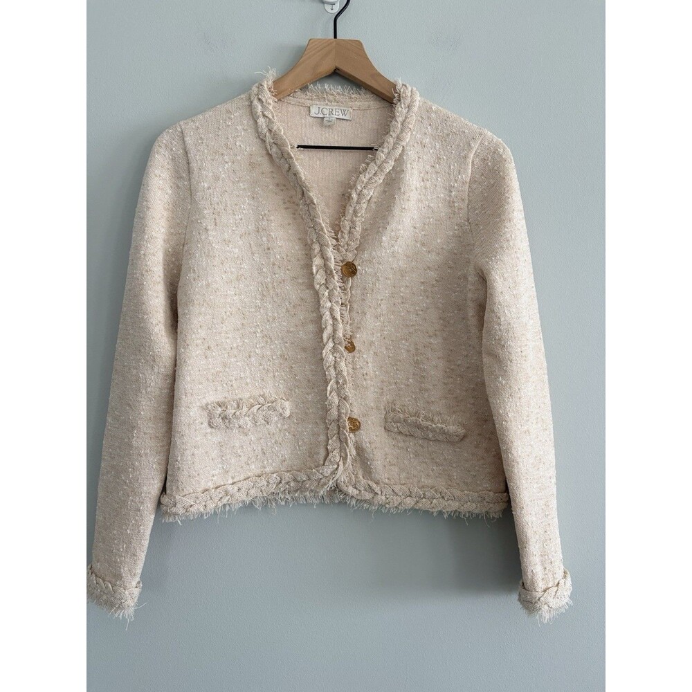 J. Crew Marled Fringe Trim Sweater Lady Cropped Jacket Womens Small Tan - Picture 2 of 7